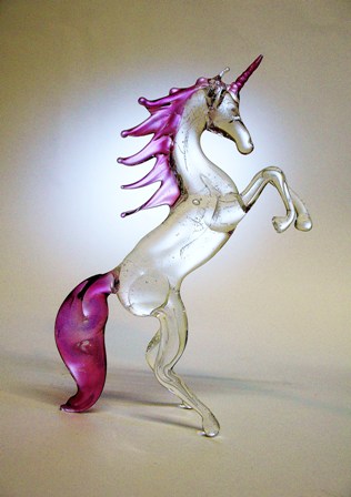 20th century Unicorn made of glass with pink gold coated horn, mane and tail