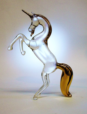 22c gold coated horn, mane and tail on Glass Unicorn 